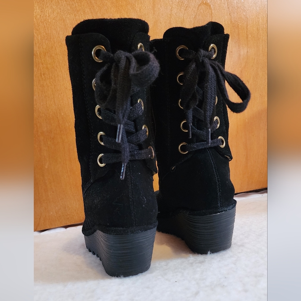 FLY London Black Suade Wedge Boot Laced Back - Picture 4 of 7